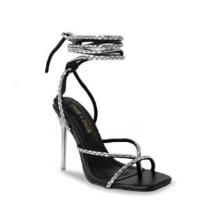 New Chase+Chloe Rhinestones Black Strap Ankle Tie OpenToe Heel Women Size 8/8.5M